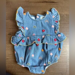 Mud Pie Denim Romper with Rainbow and Floral Embroidery